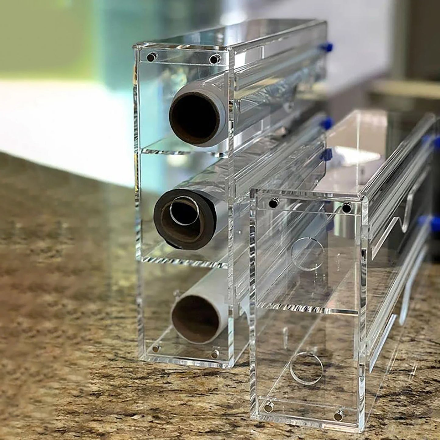 Hot 3 IN 1 Plastic Wrap Dispenser with Cutter Food Wrap Cling Film Storage Organizer Acrylic Foil Organizer for Kitchen Drawer