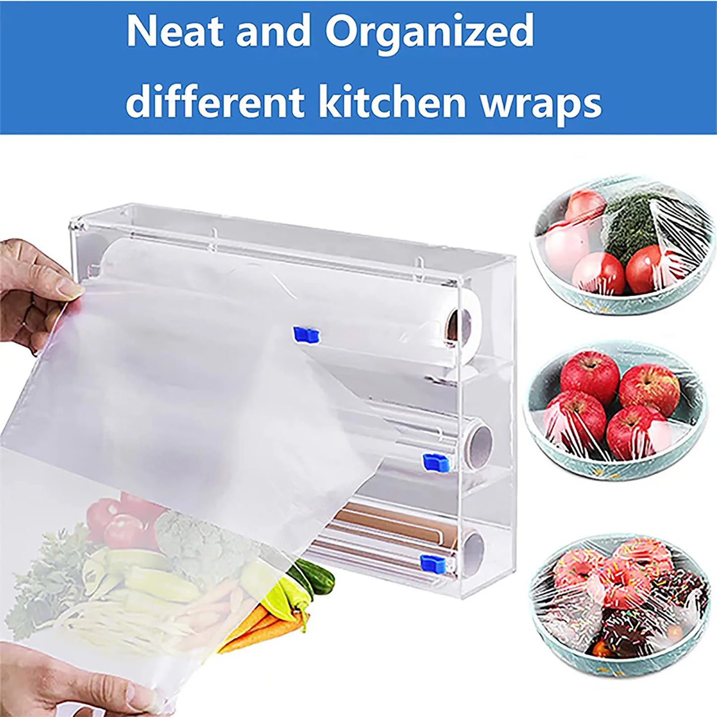 Hot 3 IN 1 Plastic Wrap Dispenser with Cutter Food Wrap Cling Film Storage Organizer Acrylic Foil Organizer for Kitchen Drawer