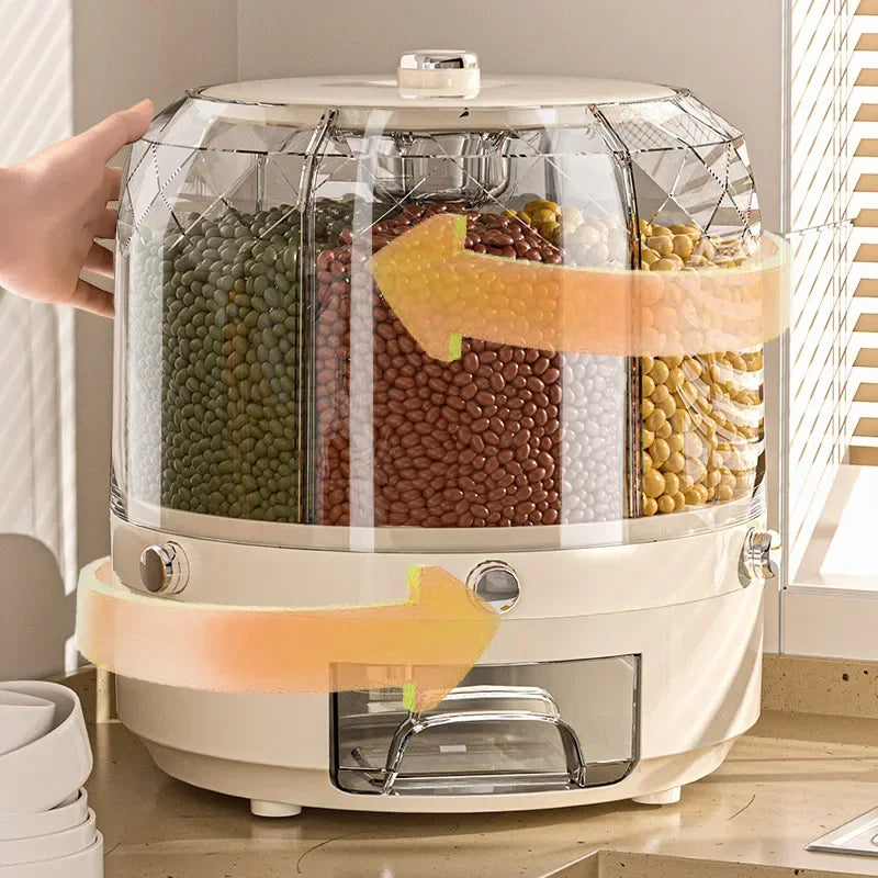 Dispenser Organizador de Cereais Giratório 360º para Cozinha Ideal para Grãos, Cereais, Farinhas, Açucar, Sal etc, à prova de umidade. Cozinha Chic e Elegante