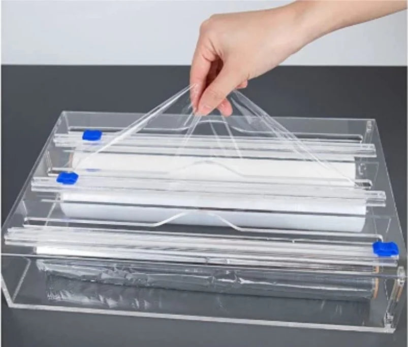 Hot 3 IN 1 Plastic Wrap Dispenser with Cutter Food Wrap Cling Film Storage Organizer Acrylic Foil Organizer for Kitchen Drawer