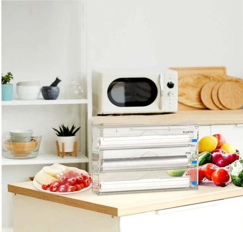 Hot 3 IN 1 Plastic Wrap Dispenser with Cutter Food Wrap Cling Film Storage Organizer Acrylic Foil Organizer for Kitchen Drawer