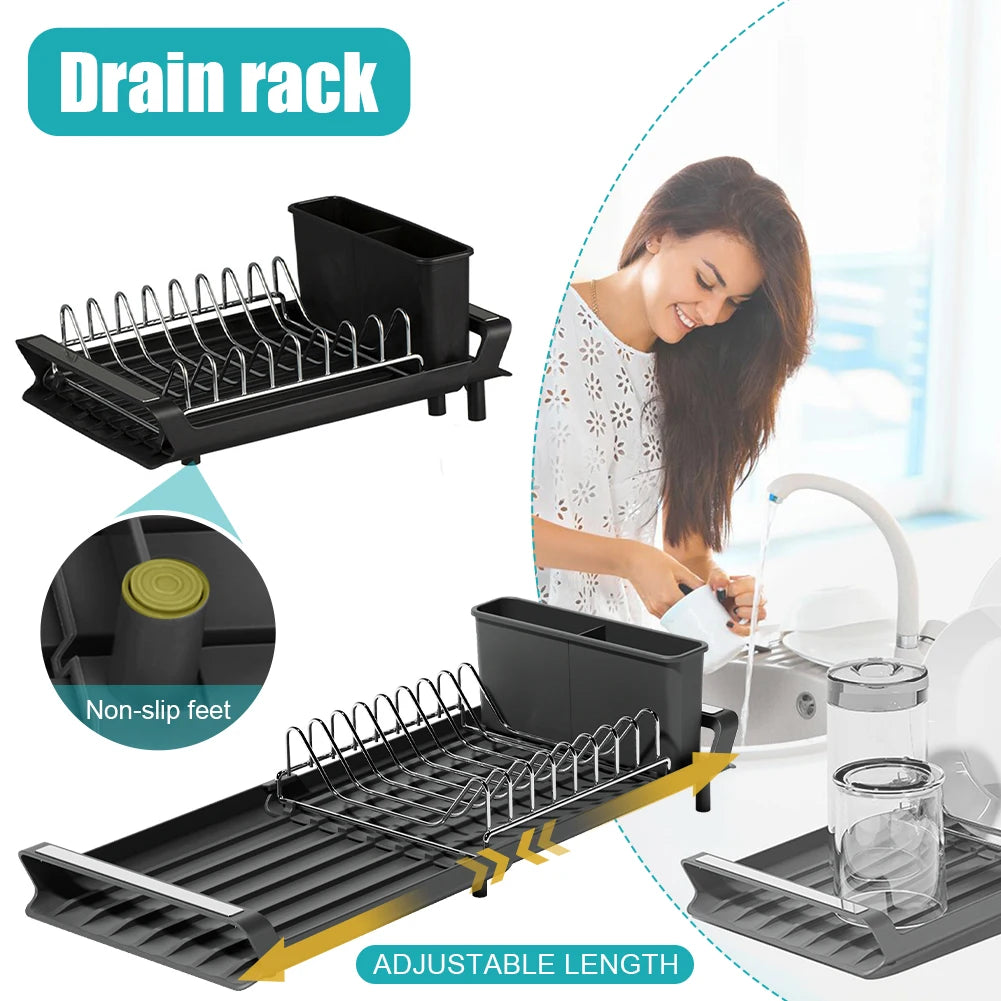 Dish Drying Rack Extendable Dish Rack for Kitchen Countertop with Draining Tray Rustfree Rack for 8 Plates with 2 Utensil Holder