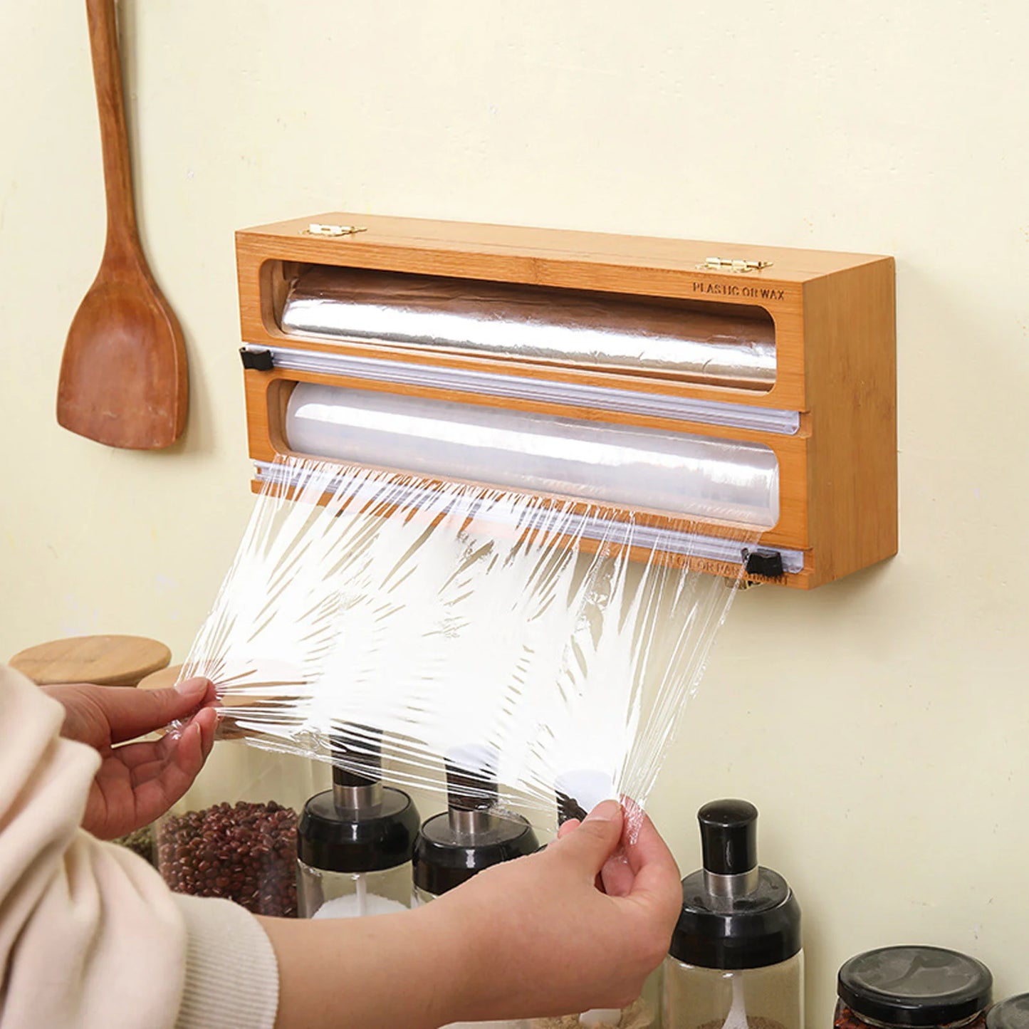 Hot 3 IN 1 Plastic Wrap Dispenser with Cutter Food Wrap Cling Film Storage Organizer Acrylic Foil Organizer for Kitchen Drawer