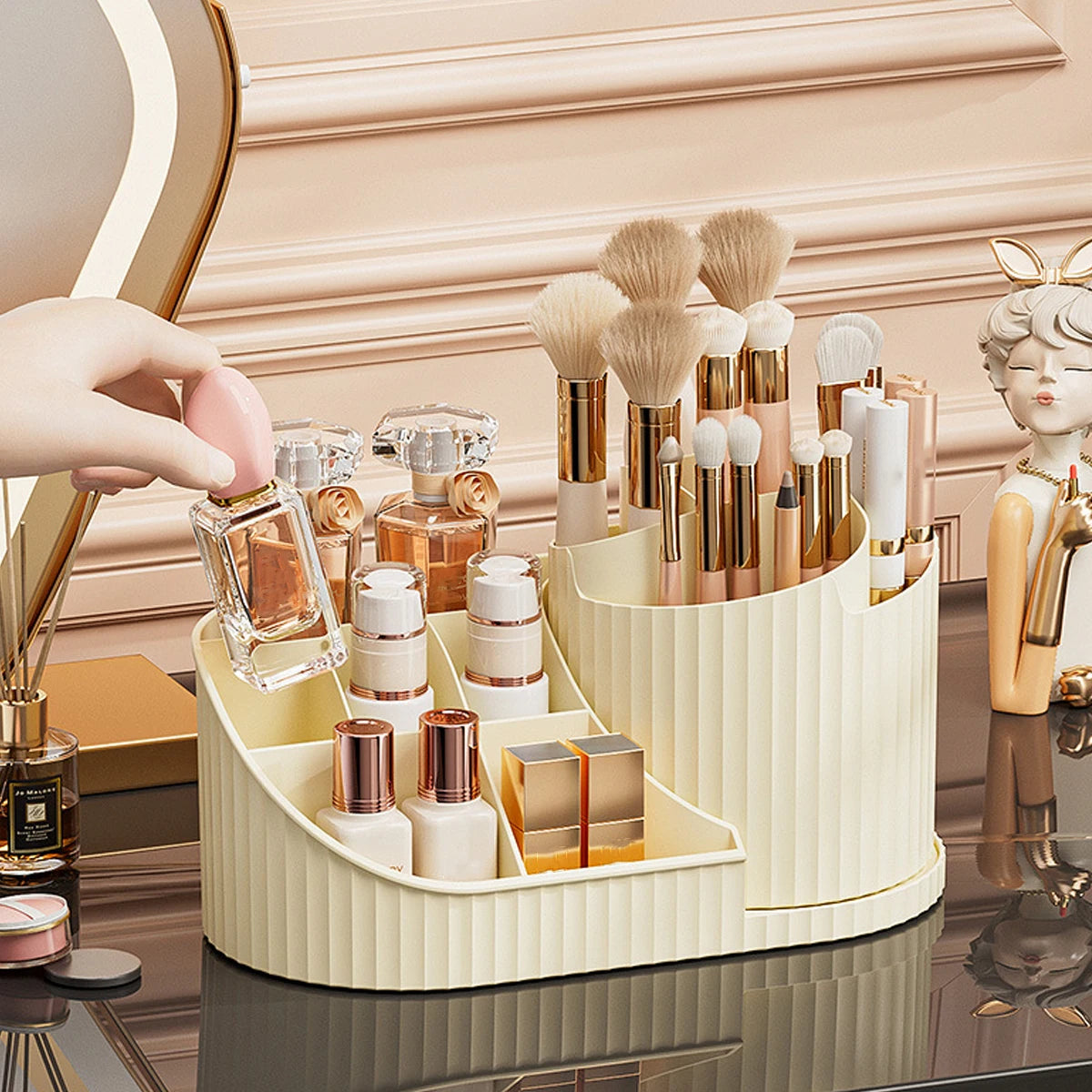 Makeup Organizer Carousel with 360 Degree Rotation Plastic Countertop Cosmetic Storage Display Multi Compartment Organizer