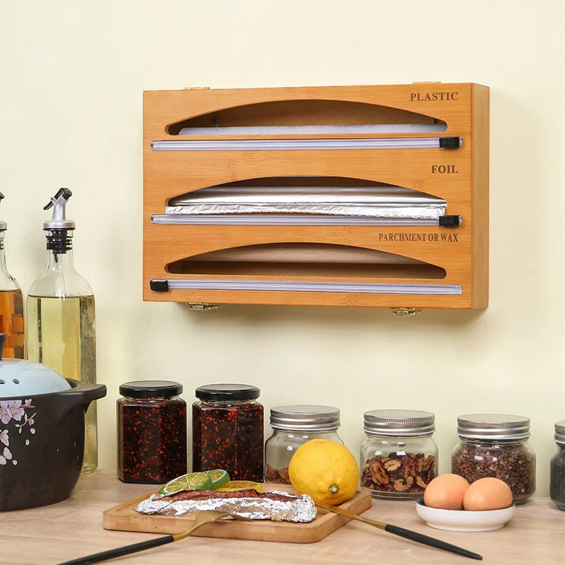 Hot 3 IN 1 Plastic Wrap Dispenser with Cutter Food Wrap Cling Film Storage Organizer Acrylic Foil Organizer for Kitchen Drawer