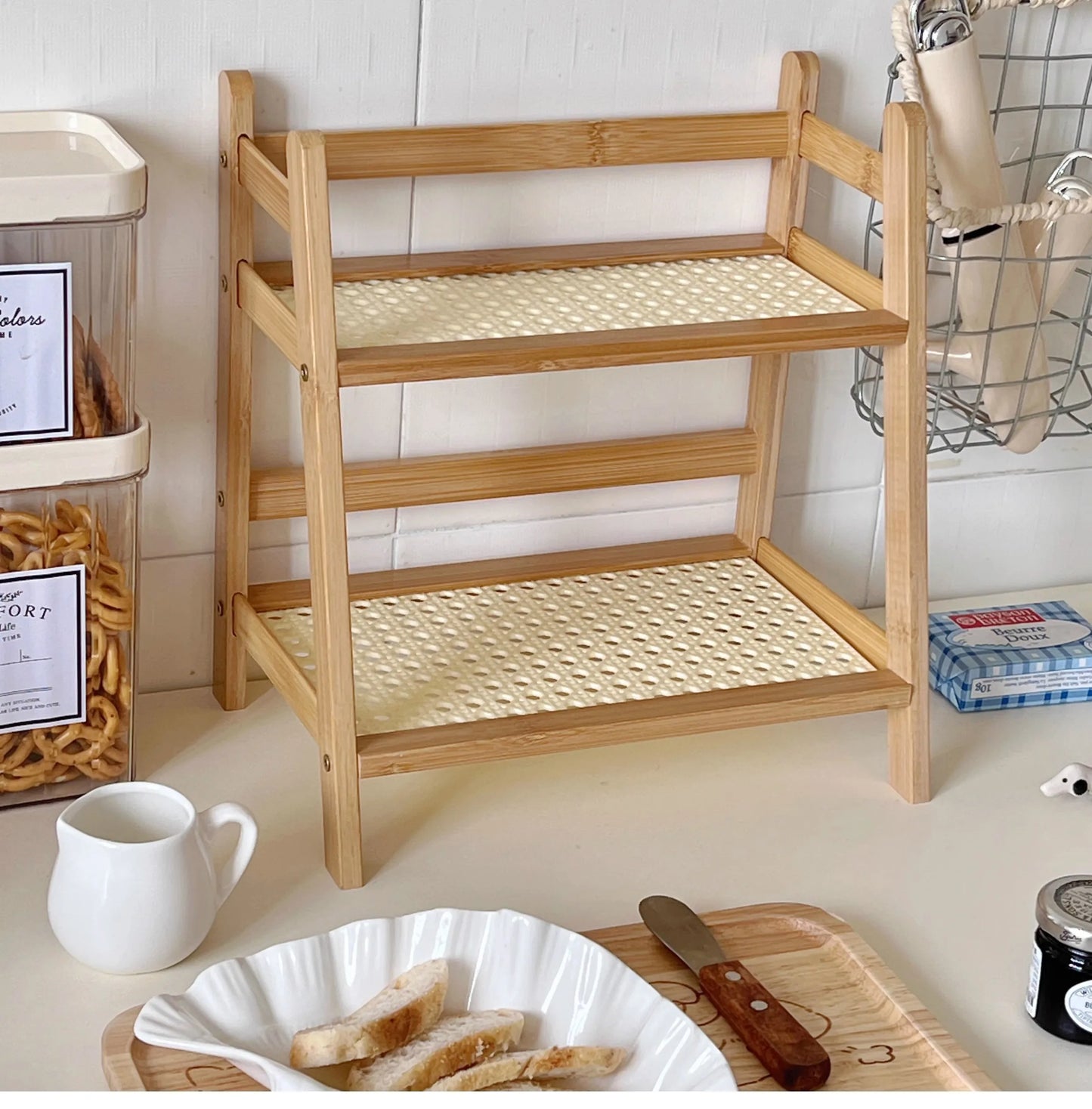 Wooden Storage Shelf for Kitchen Rattan Desktop Organizer Display Rack Spice Rack for Countertop Makeup Organizer for vanity