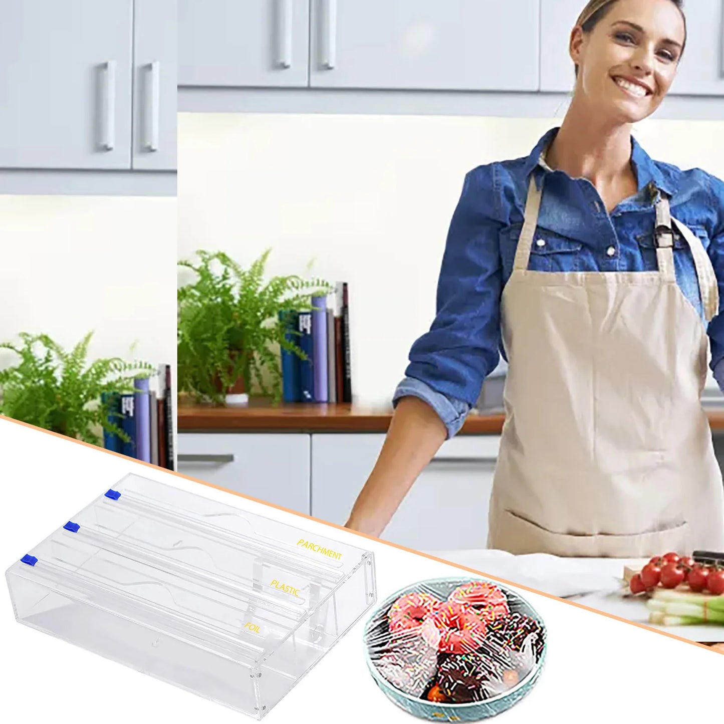 Hot 3 IN 1 Plastic Wrap Dispenser with Cutter Food Wrap Cling Film Storage Organizer Acrylic Foil Organizer for Kitchen Drawer