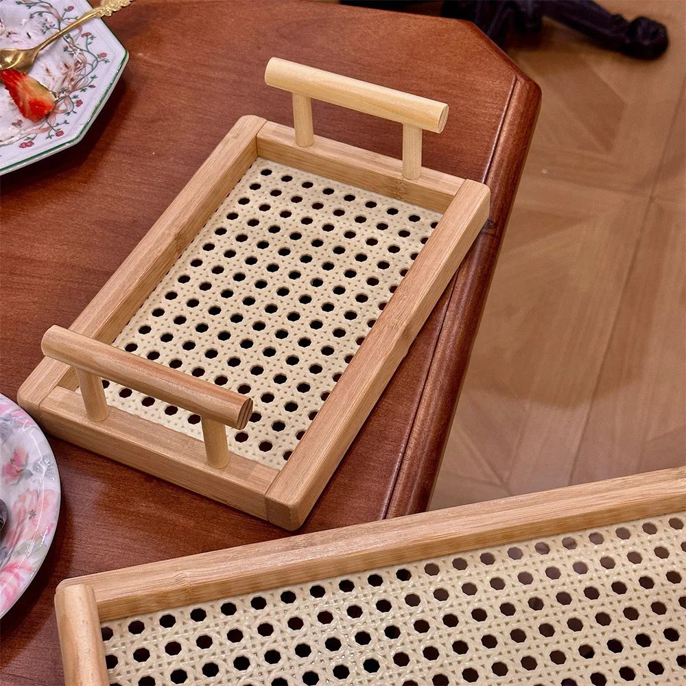 Woven Wooden Basket Wooden Storage Decorative Tray with Handle, Suitable for Kitchen Cabinets and Office Rustic Decoration