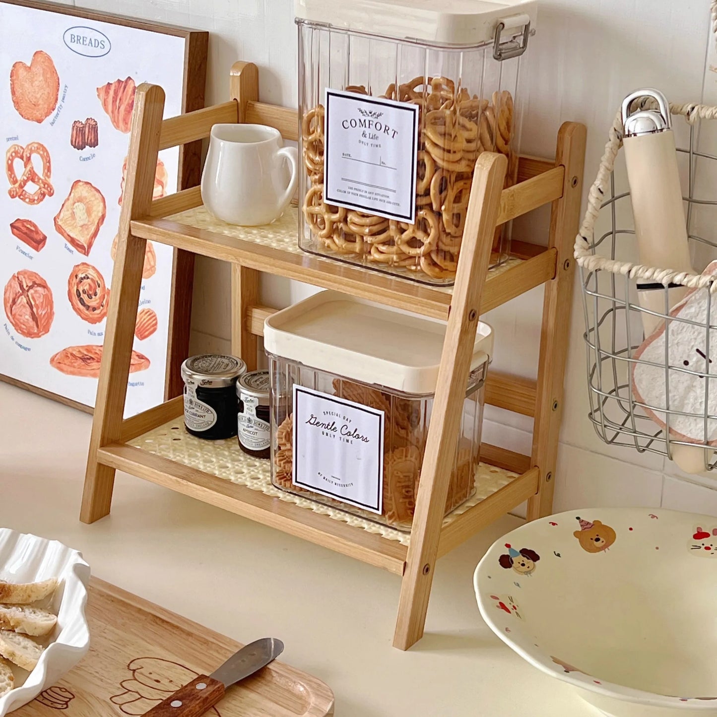 Wooden Storage Shelf for Kitchen Rattan Desktop Organizer Display Rack Spice Rack for Countertop Makeup Organizer for vanity