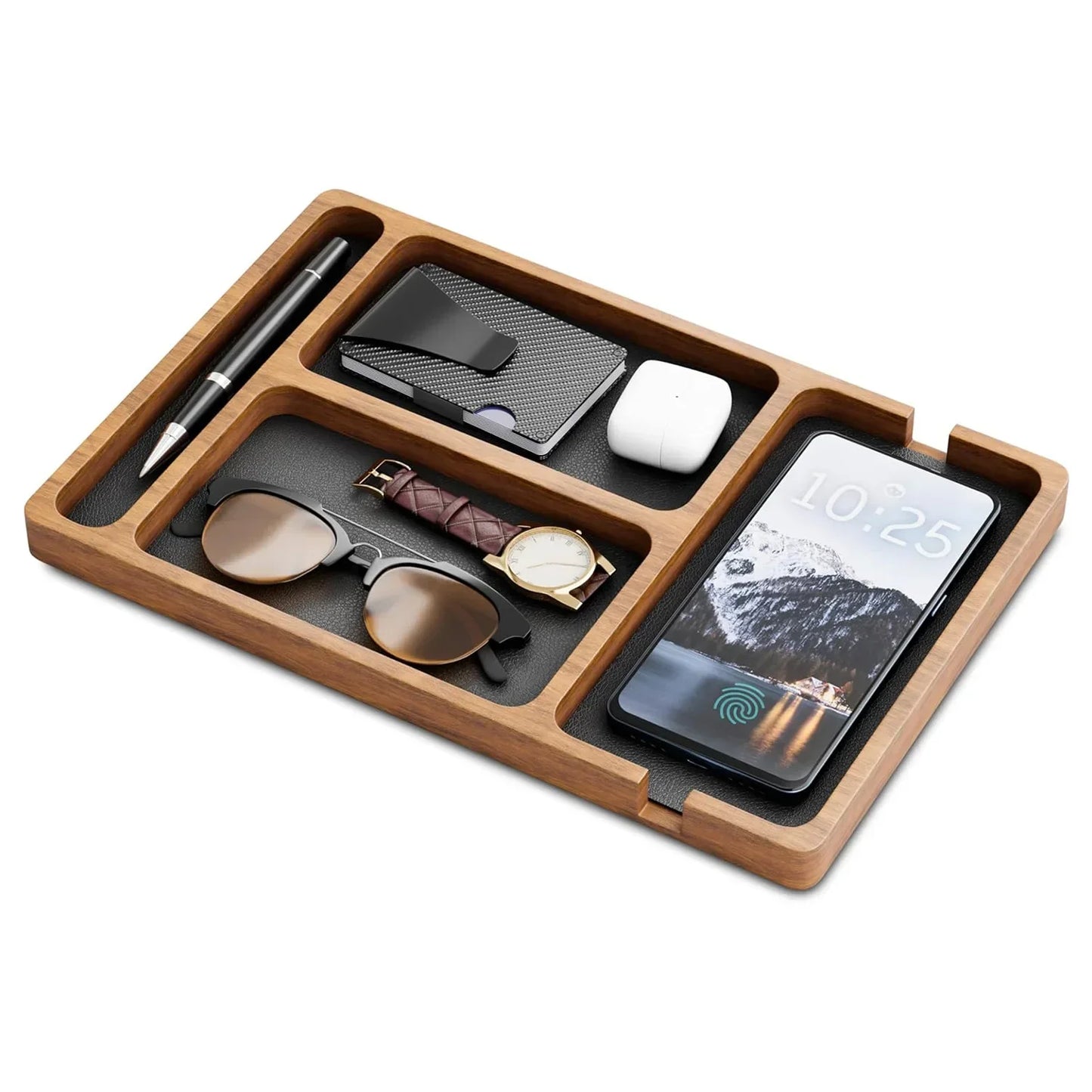 Bandeja Organizadora de Mesa Elegante de Madeira Maciça para Escritório e Casa - ideal para telefone, smartwatch, óculos, carteira, canetas, decoração