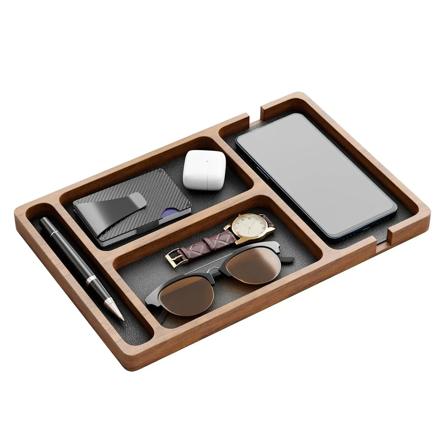 Bandeja Organizadora de Mesa Elegante de Madeira Maciça para Escritório e Casa - ideal para telefone, smartwatch, óculos, carteira, canetas, decoração