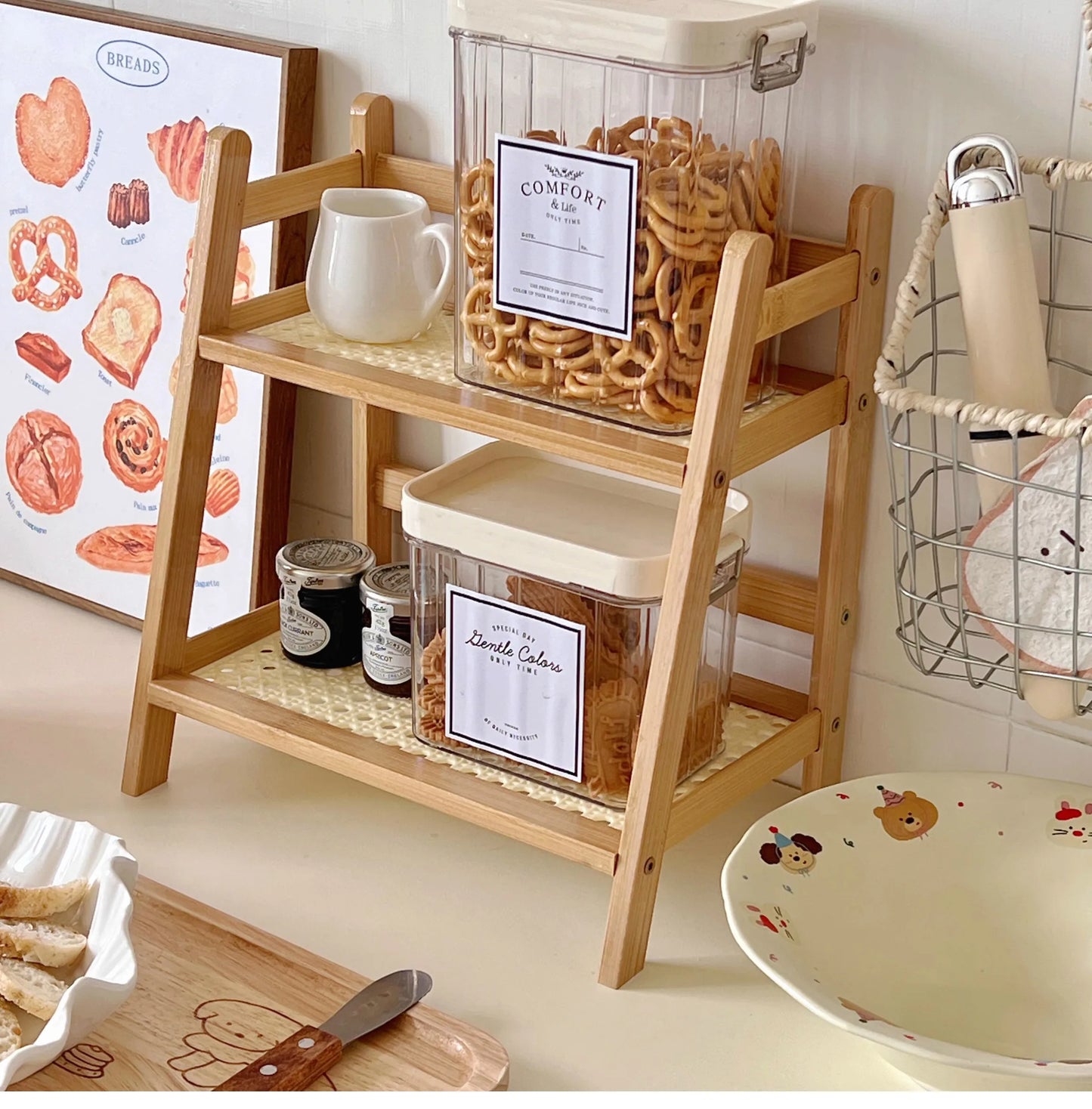 Wooden Storage Shelf for Kitchen Rattan Desktop Organizer Display Rack Spice Rack for Countertop Makeup Organizer for vanity