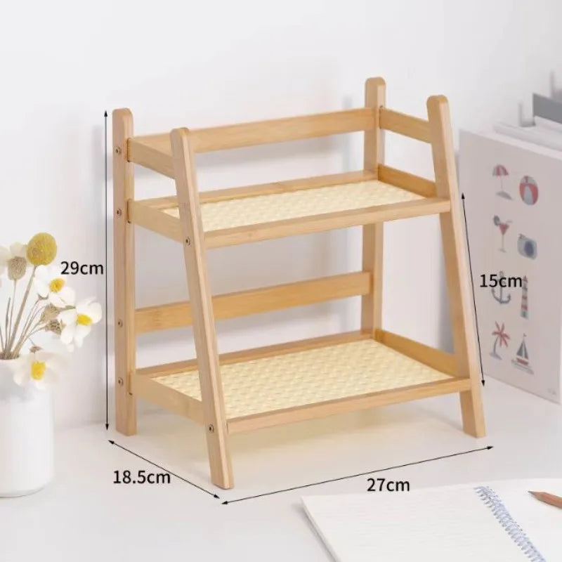 Wooden Storage Shelf for Kitchen Rattan Desktop Organizer Display Rack Spice Rack for Countertop Makeup Organizer for vanity