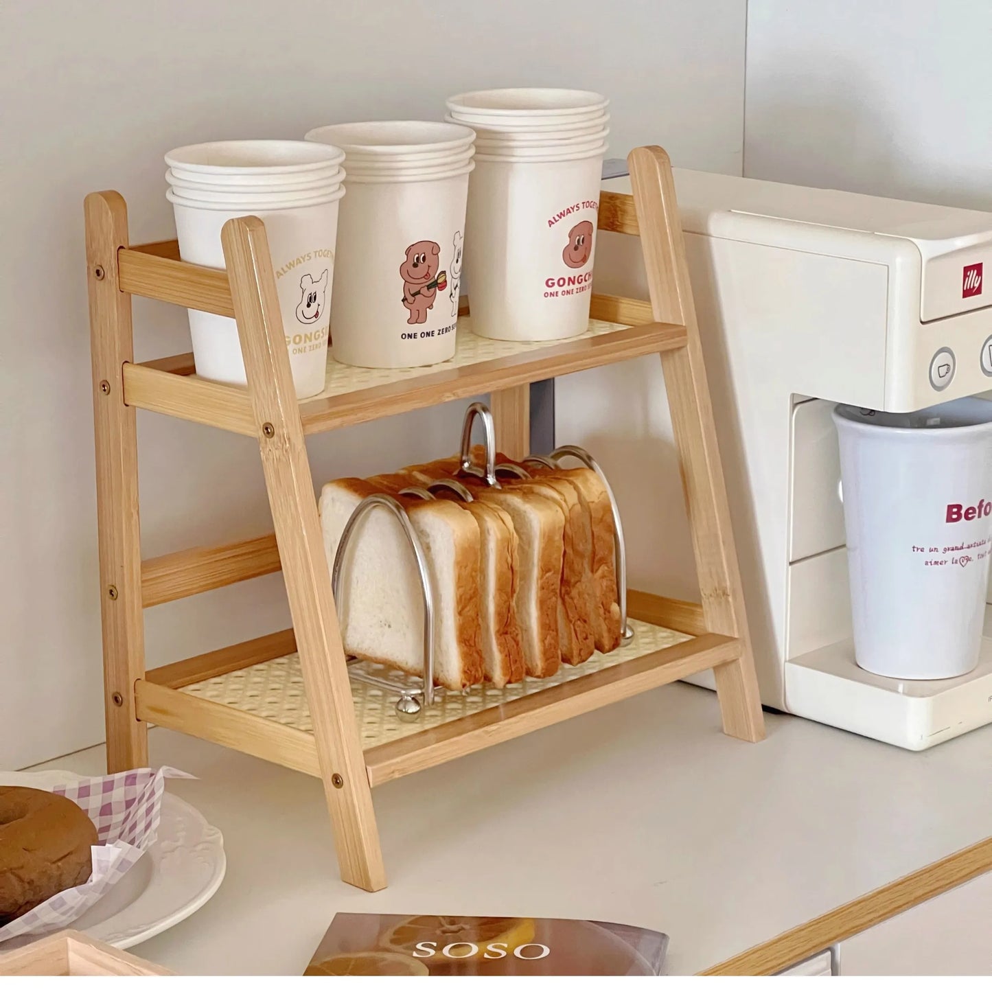 Wooden Storage Shelf for Kitchen Rattan Desktop Organizer Display Rack Spice Rack for Countertop Makeup Organizer for vanity