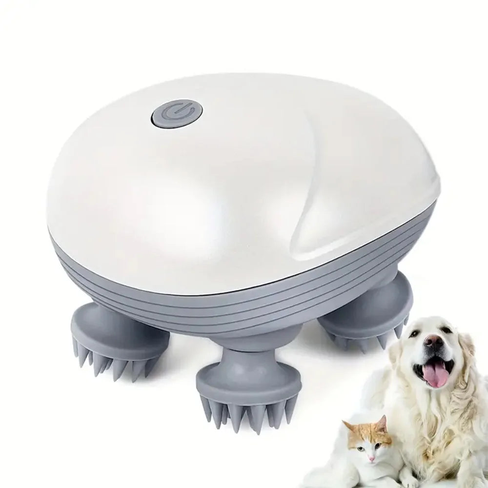 Massageador Mini Elétrico para Cabeça de Animais de Estimação com 4 Pontas Giratórias de Silicone Super Macio Mini Massageador Portátil Sem Fio Bateria de Longa Duração