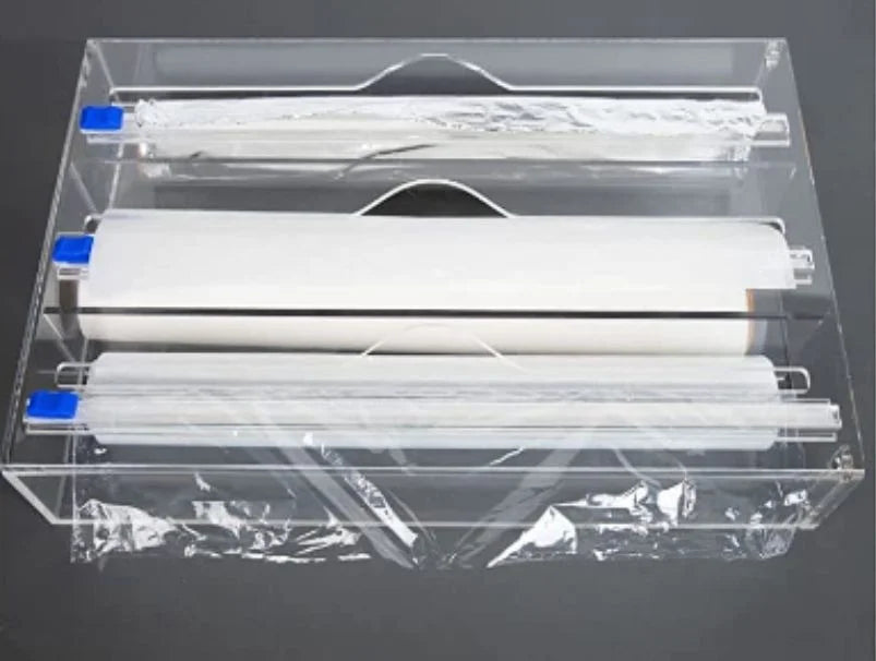 Hot 3 IN 1 Plastic Wrap Dispenser with Cutter Food Wrap Cling Film Storage Organizer Acrylic Foil Organizer for Kitchen Drawer