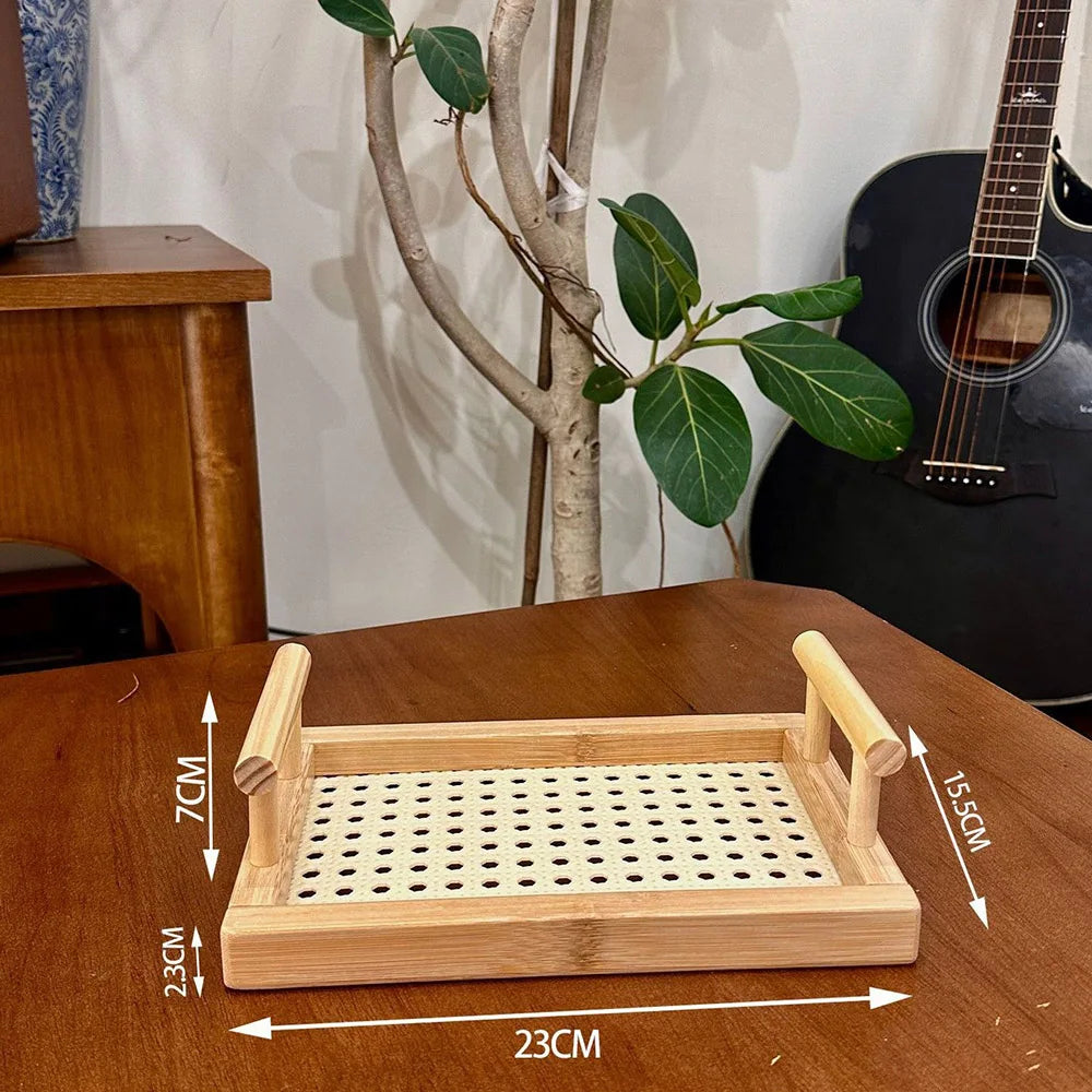Woven Wooden Basket Wooden Storage Decorative Tray with Handle, Suitable for Kitchen Cabinets and Office Rustic Decoration
