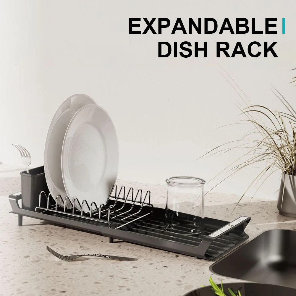Dish Drying Rack Extendable Dish Rack for Kitchen Countertop with Draining Tray Rustfree Rack for 8 Plates with 2 Utensil Holder