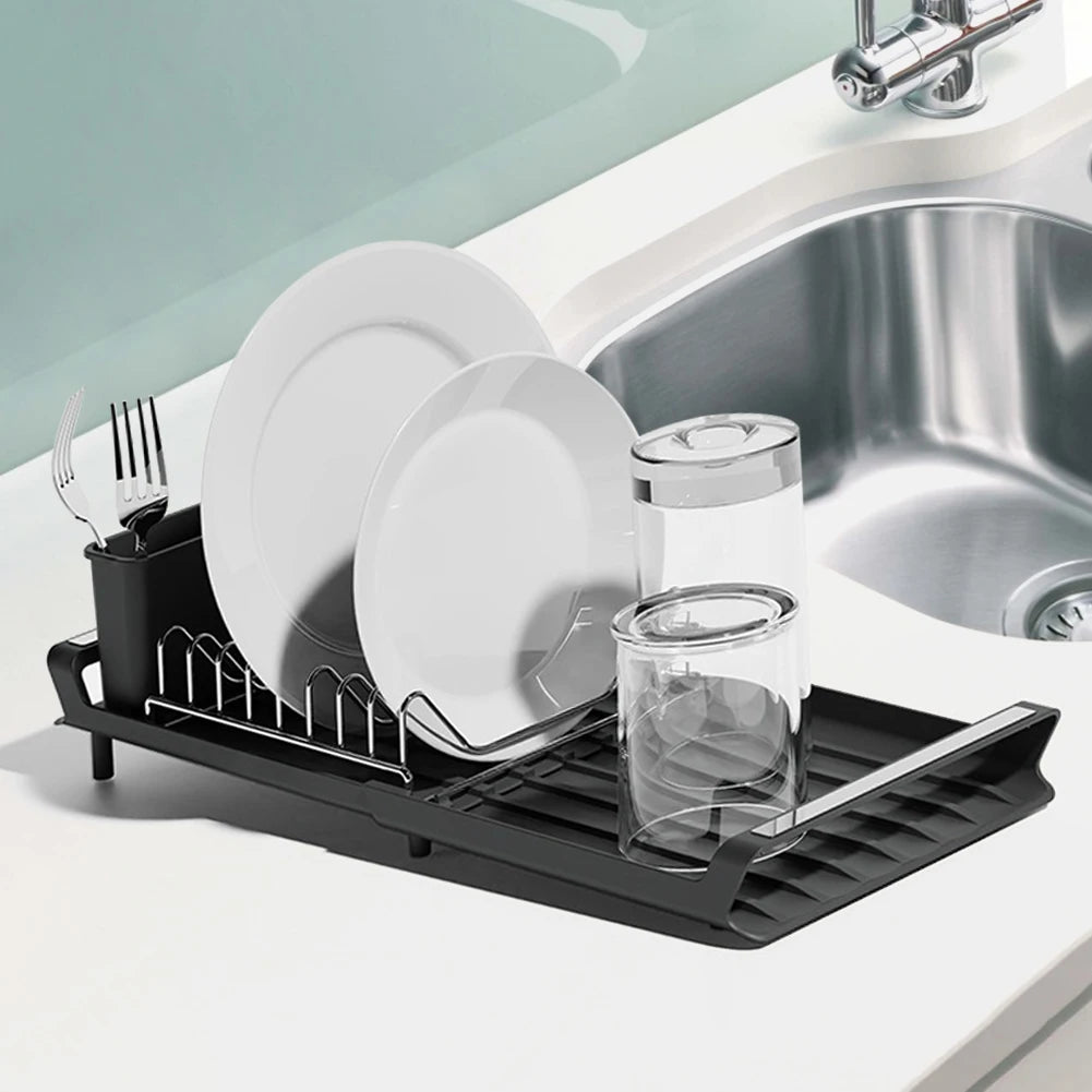 Dish Drying Rack Extendable Dish Rack for Kitchen Countertop with Draining Tray Rustfree Rack for 8 Plates with 2 Utensil Holder