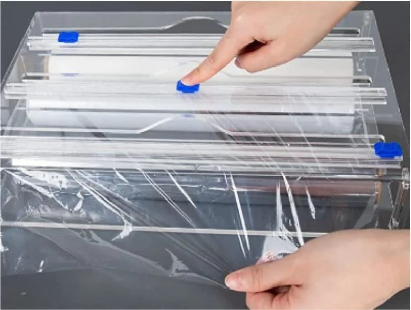 Hot 3 IN 1 Plastic Wrap Dispenser with Cutter Food Wrap Cling Film Storage Organizer Acrylic Foil Organizer for Kitchen Drawer