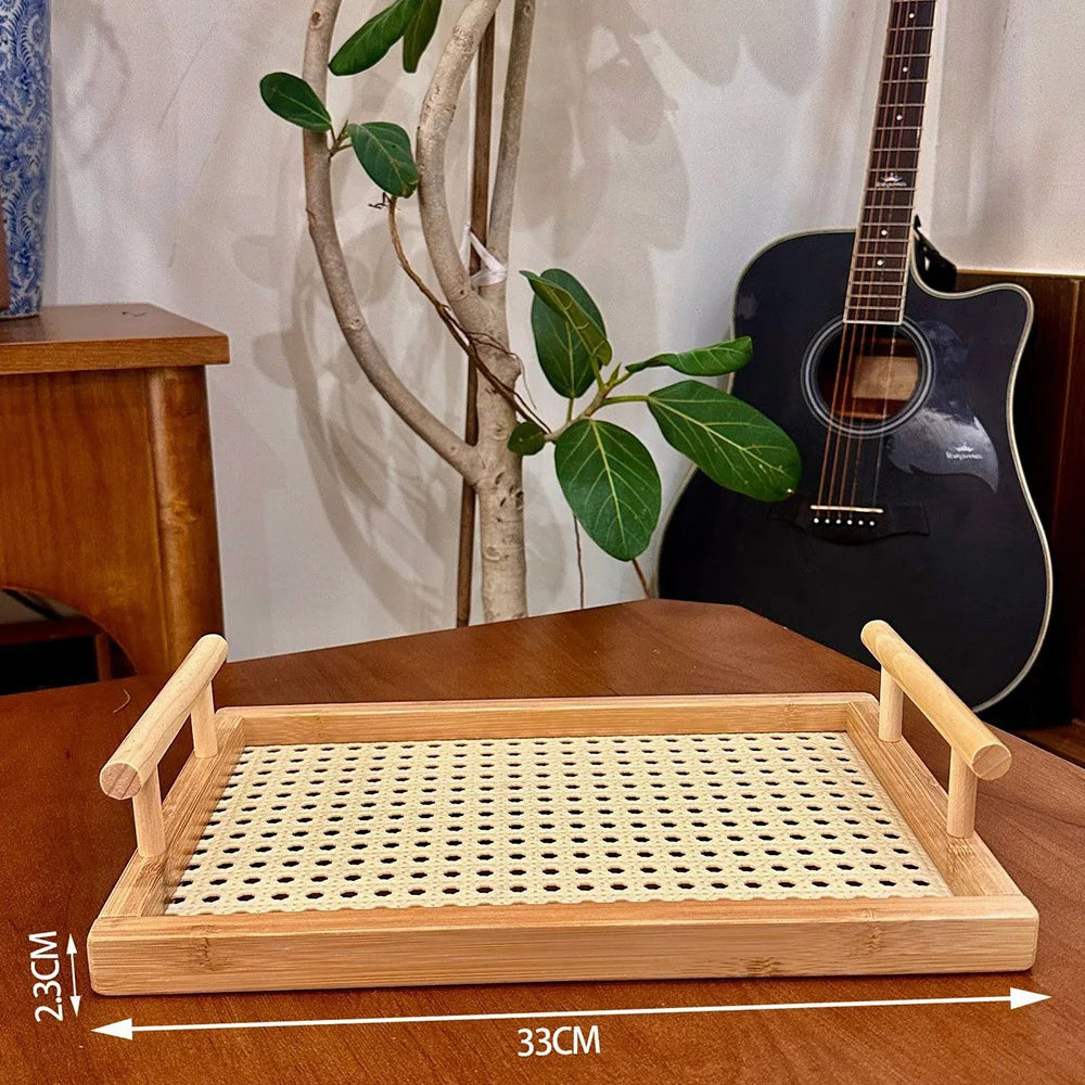 Woven Wooden Basket Wooden Storage Decorative Tray with Handle, Suitable for Kitchen Cabinets and Office Rustic Decoration