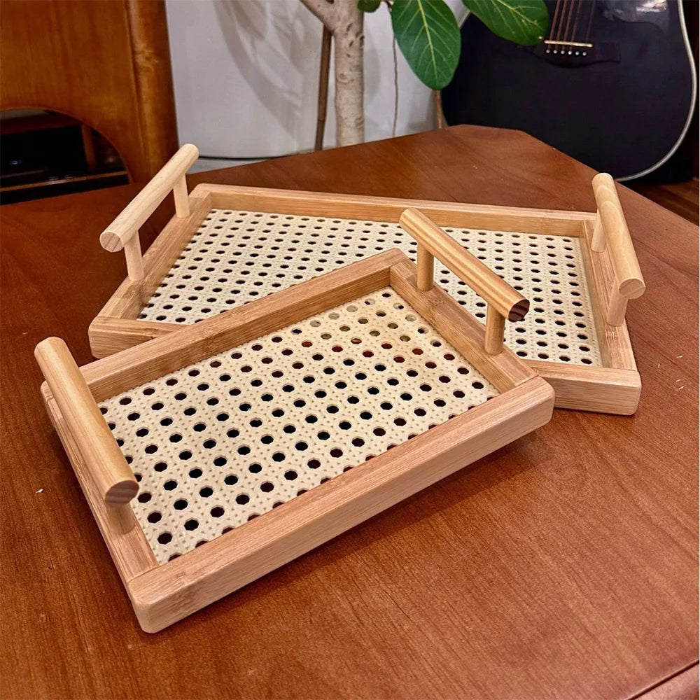 Woven Wooden Basket Wooden Storage Decorative Tray with Handle, Suitable for Kitchen Cabinets and Office Rustic Decoration