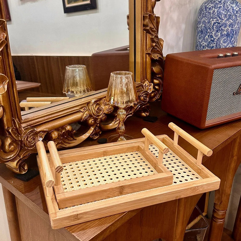 Woven Wooden Basket Wooden Storage Decorative Tray with Handle, Suitable for Kitchen Cabinets and Office Rustic Decoration