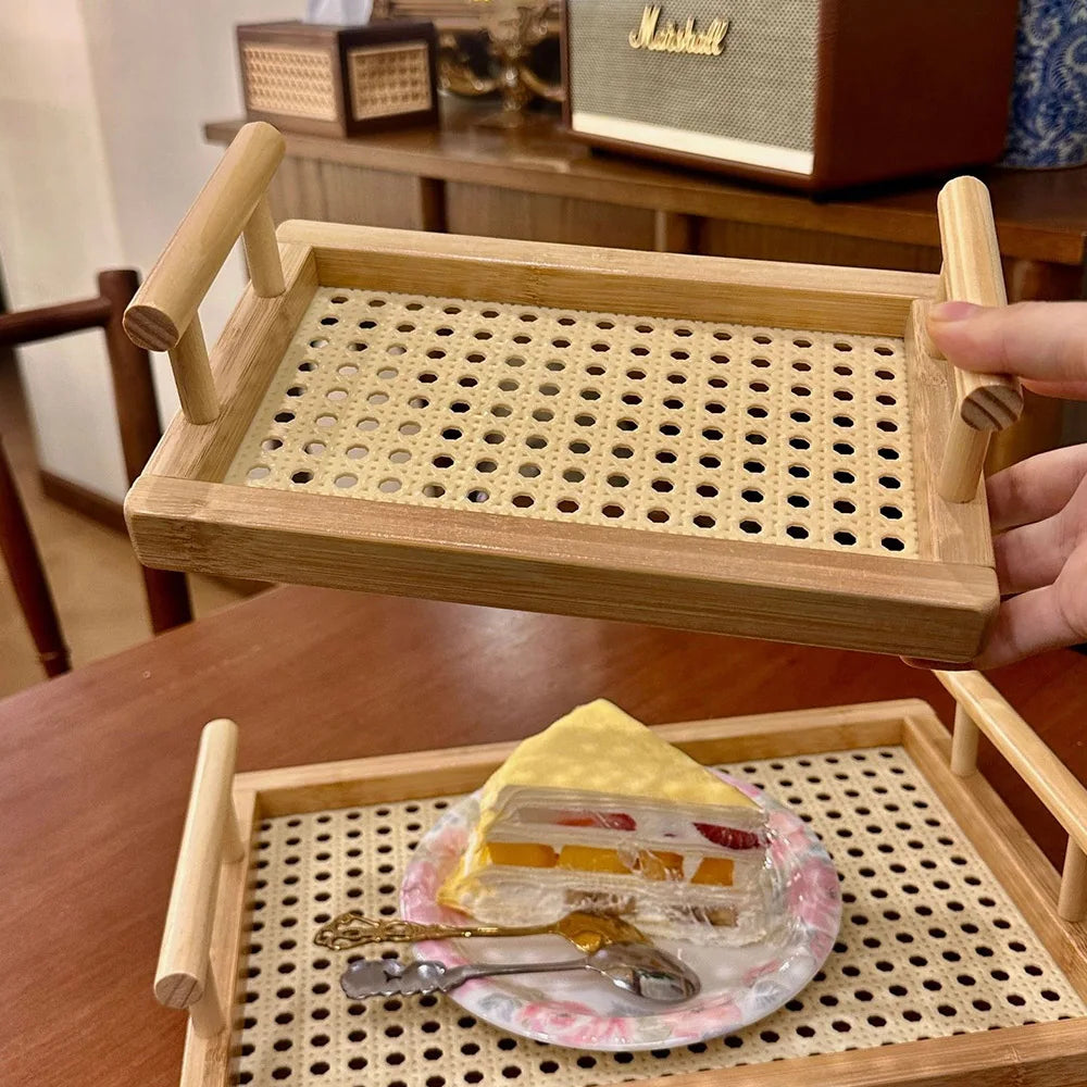 Woven Wooden Basket Wooden Storage Decorative Tray with Handle, Suitable for Kitchen Cabinets and Office Rustic Decoration