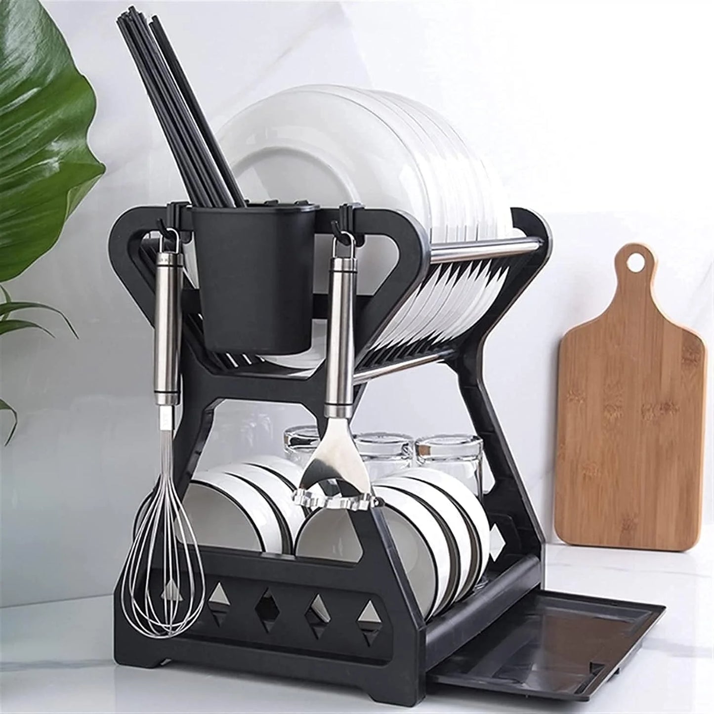 Escorredor Organizador de Pratos Estiloso e Bonitão de Dupla Camada, Suporte para Pratos de Cozinha e Suporte para Talheres