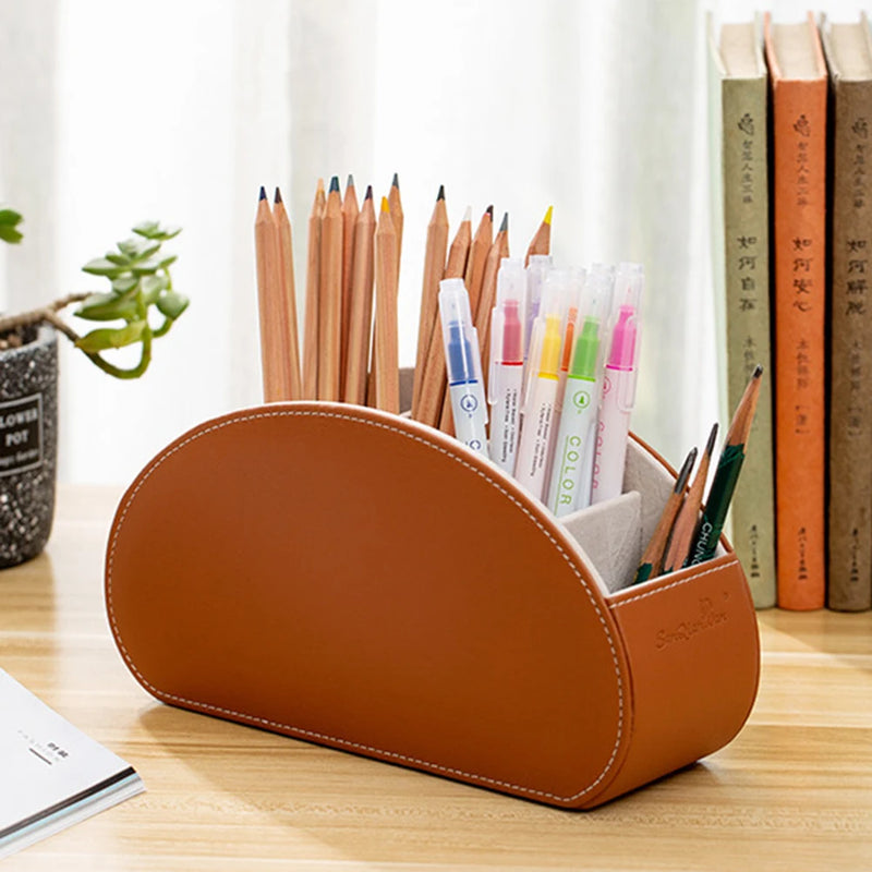 5 Grid Pu Leather Organizer Remote Control Phone And Tv Holder Desk Storage Box Cosmetics Brush