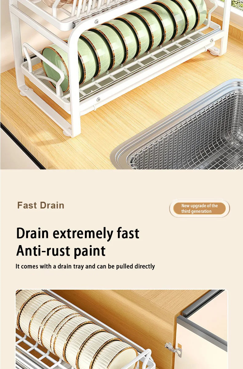 Kitchen Pull-out Dish Bowl Drainer Storage Rack Countertop Sink Cabinet Tableware Built-in Organizer Holder Cupboard Plates Rack
