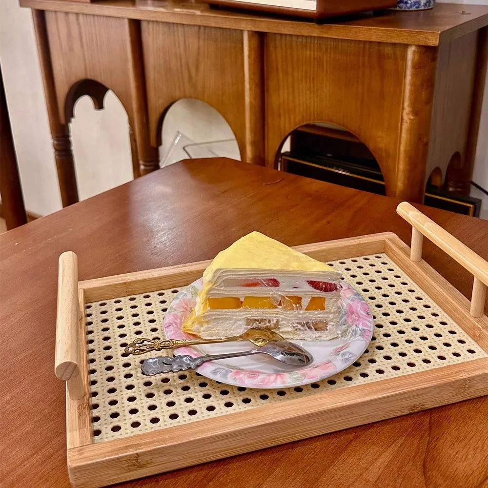 Woven Wooden Basket Wooden Storage Decorative Tray with Handle, Suitable for Kitchen Cabinets and Office Rustic Decoration