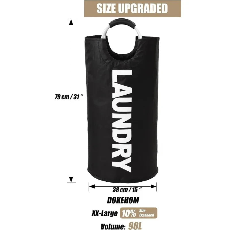 90L Black Large Laundry Basket, Collapsible Laundry Bag, Freestanding Tall Clothes Hamper, Foldable Washing Bin Storage Bag