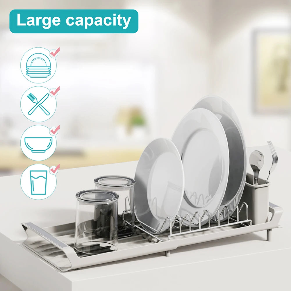 Dish Drying Rack Extendable Dish Rack for Kitchen Countertop with Draining Tray Rustfree Rack for 8 Plates with 2 Utensil Holder