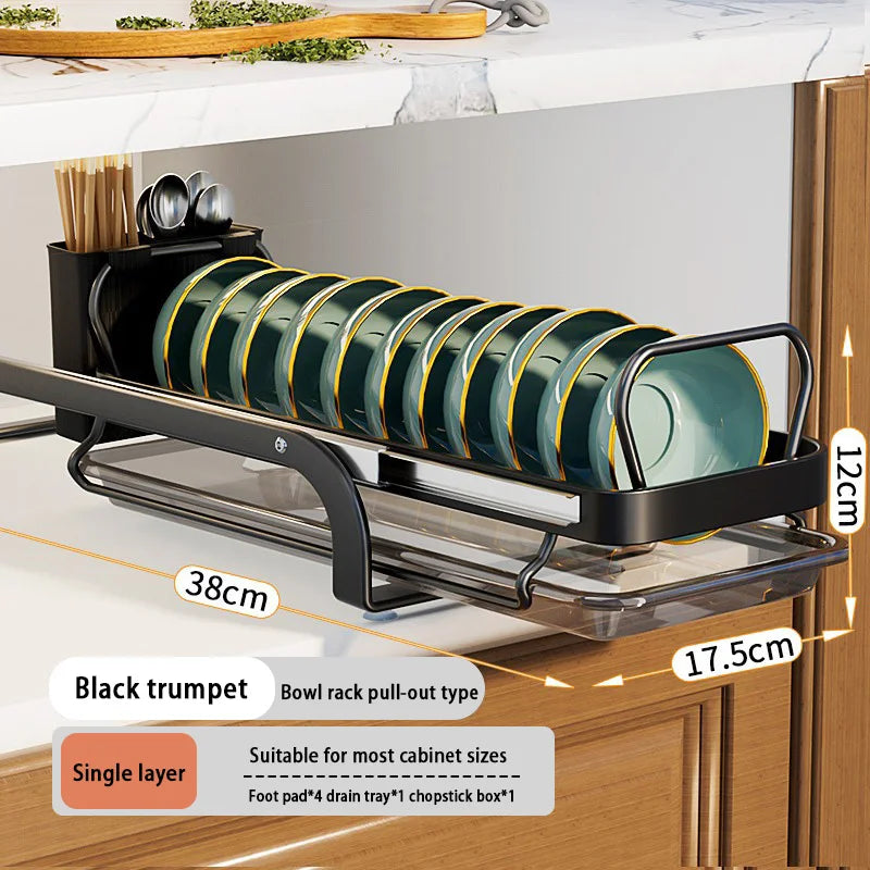 Kitchen Pull-out Dish Bowl Drainer Storage Rack Countertop Sink Cabinet Tableware Built-in Organizer Holder Cupboard Plates Rack