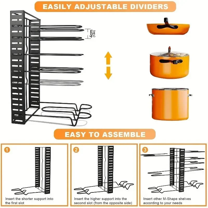 8-Tier Heavy Duty Pot Rack Organizer Kitchen Storage Holders Durable Space-saving Cabinet Holder for Pots Pans and Lids