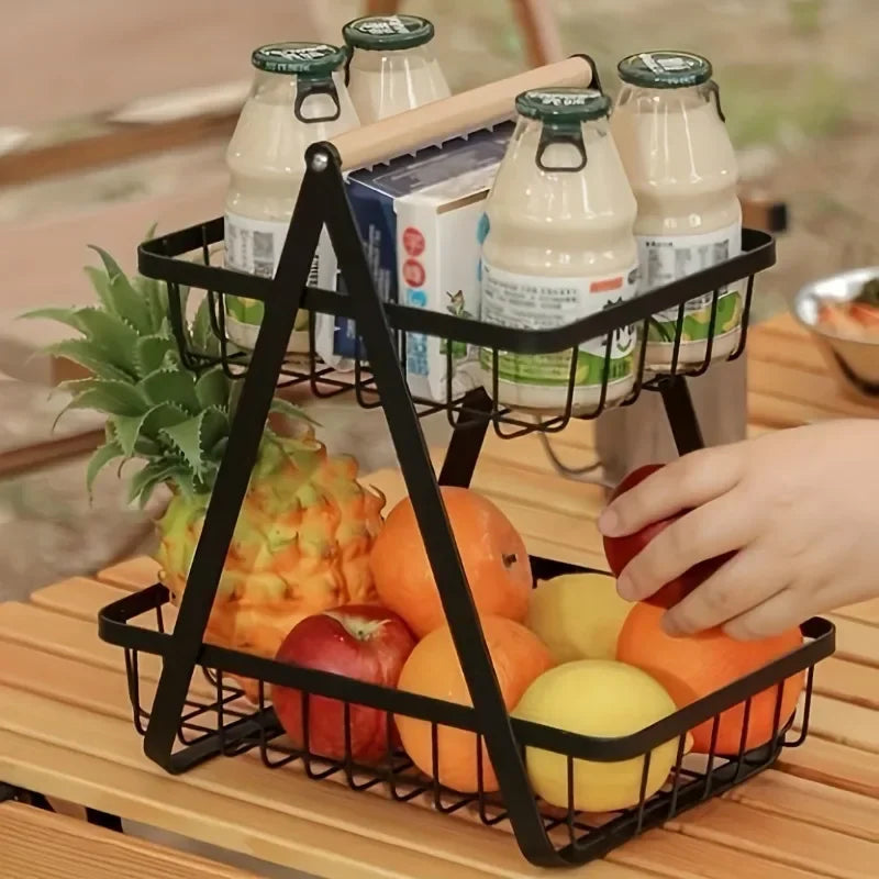 Countertop Fruit Vegetable Basket Removable Kitchen Organizer Shelf with Wooden Handle Bathroom Cosmetic Stand Storage Holder