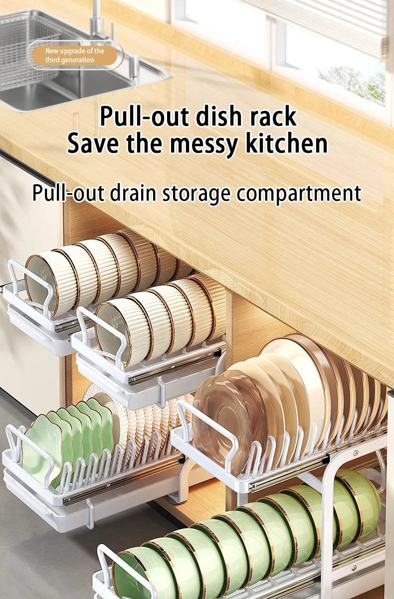 Kitchen Pull-out Dish Bowl Drainer Storage Rack Countertop Sink Cabinet Tableware Built-in Organizer Holder Cupboard Plates Rack