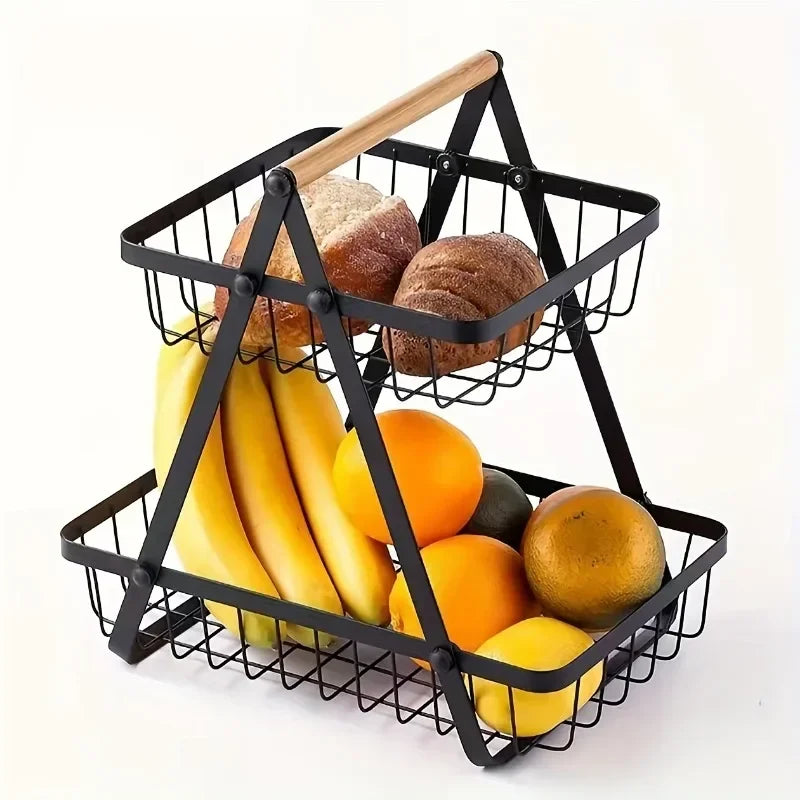 Countertop Fruit Vegetable Basket Removable Kitchen Organizer Shelf with Wooden Handle Bathroom Cosmetic Stand Storage Holder