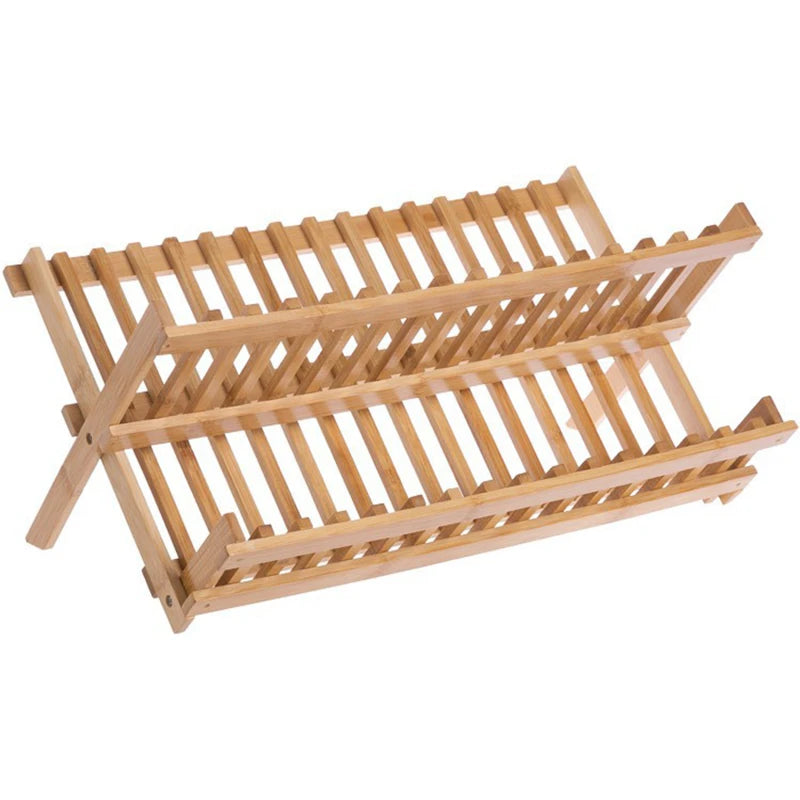 Bamboo Dish Drying Rack Utensil Holder Collapsible Wooden Dish Drainer Rack 2-Tier Folding Drying Holder for Kitchen Counter