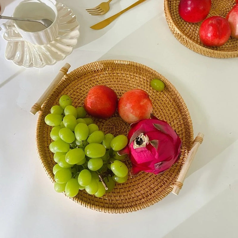 Rattan Handmade Real Rattan Fruit Storage Basket With Wooden Handle Round Wicker Basket Fruit Cake Platter Dinner Serving Tray