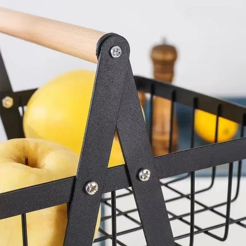 Countertop Fruit Vegetable Basket Removable Kitchen Organizer Shelf with Wooden Handle Bathroom Cosmetic Stand Storage Holder