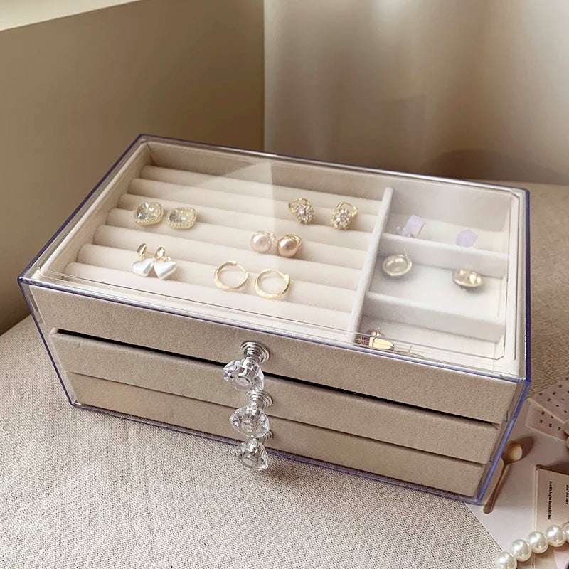 Acrylic Velvet Jewelry Organizer with 3 Drawers Stackable Display Storage Earrings Necklace Bracelets Box Holder Case for Women