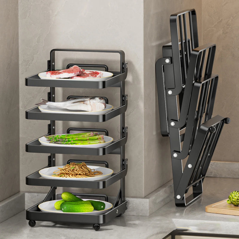 Kitchen Folding Side Dish Rack Cooking Plate Tray Organizer Counter Expandable Microwave Shelf Foldable Food Storage Shelves