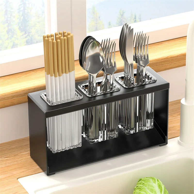 Kitchen Cutlery Organizer Knife Stand Carbon Steel Drain Storage Holder Multifunction Cutlery Storage Rack Bathroom Tray holder