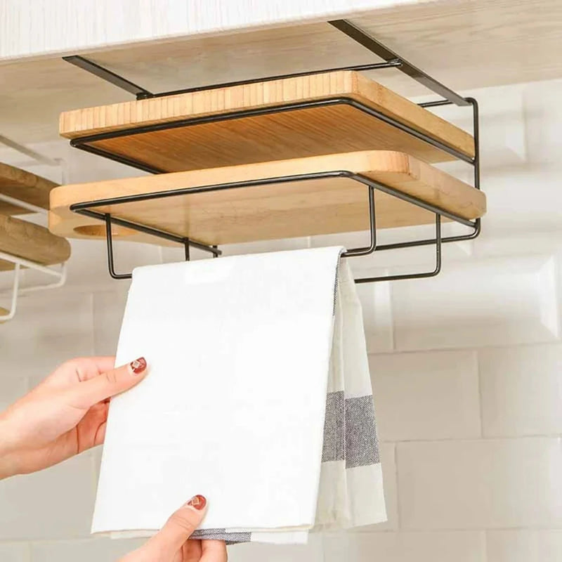 Cutting Board Kitchen Shelf, Double-Layer Perforation-Free Cabinet Hanger, Rag, Cutting Board Storage And Finishing Iron Hanger