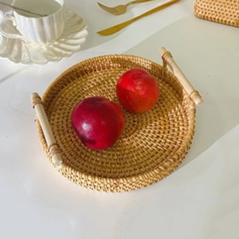 Rattan Handmade Real Rattan Fruit Storage Basket With Wooden Handle Round Wicker Basket Fruit Cake Platter Dinner Serving Tray