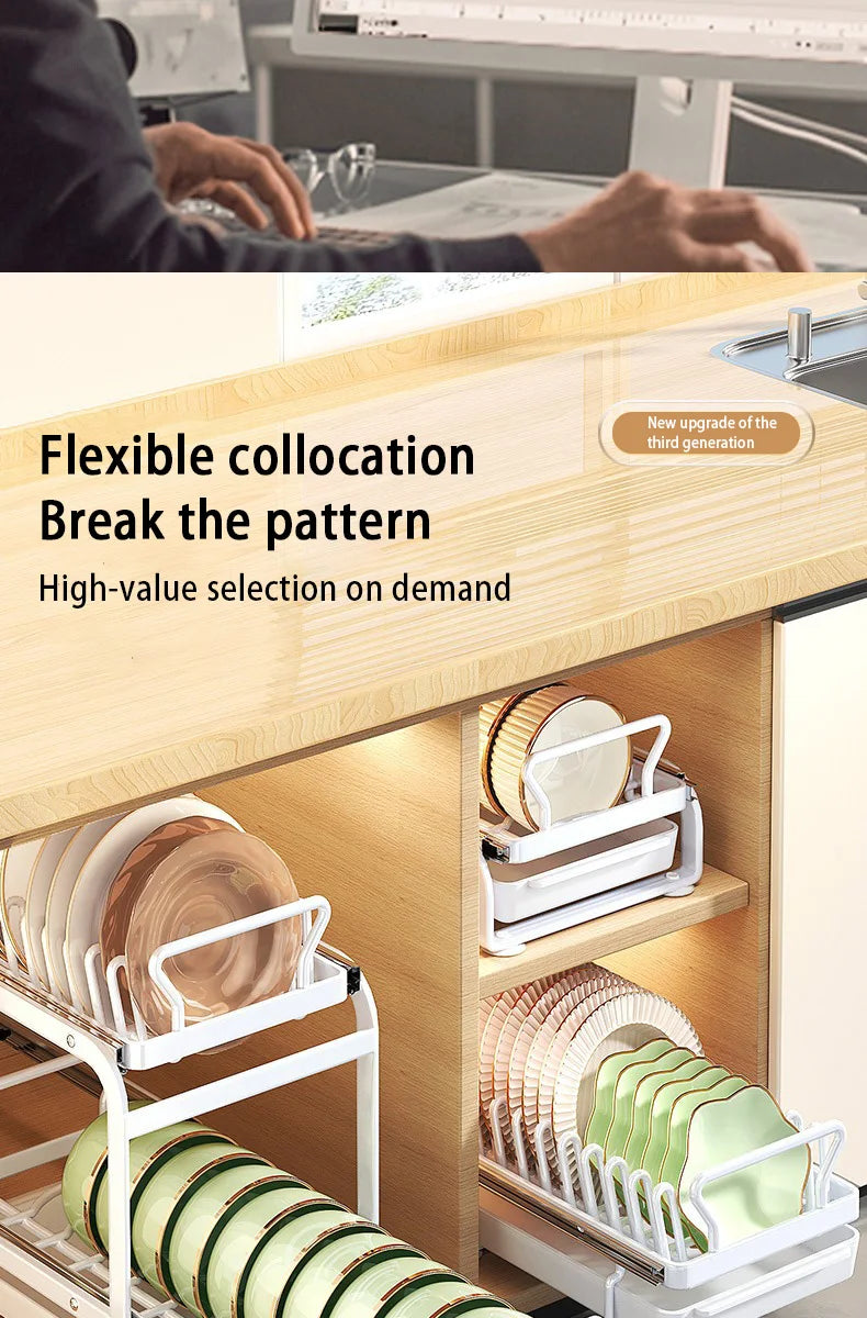 Kitchen Pull-out Dish Bowl Drainer Storage Rack Countertop Sink Cabinet Tableware Built-in Organizer Holder Cupboard Plates Rack