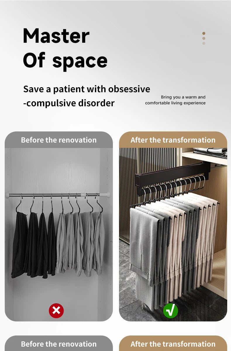 Expandable Sliding Pants Rack Collapsible Drying Holder Aluminum alloy Wardrobe Clothes Rack Wall-mounted Retractable organizer