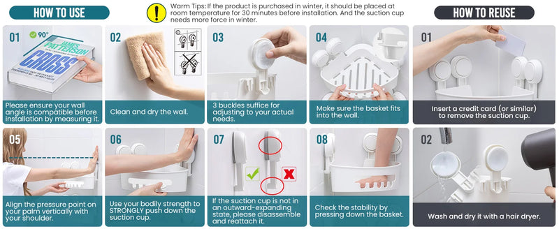 TAILI Shower Caddy Suction Cup Shower Shelf Suction Shower Basket Removable Powerful Shower Organizer Suction Bathroom Caddy